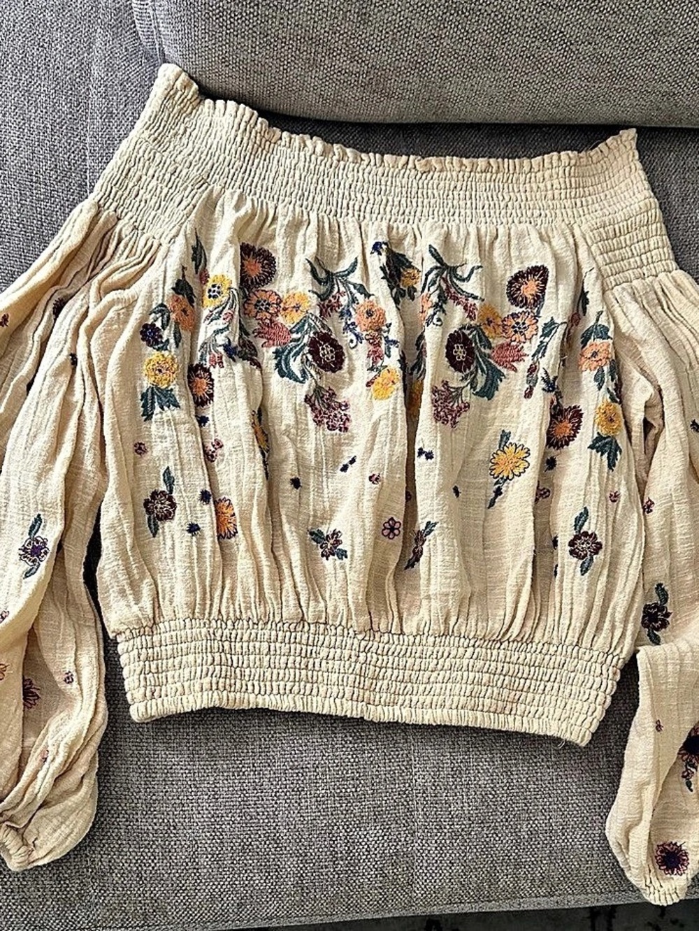 Free People Floral Off-Shoulder Blouse in Cream XS